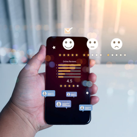 Consumer online review concepts with bubble people review comments and rating or feedback for evaluate.の写真素材