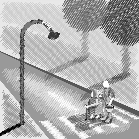 Man helping for an old woman to cross the streetのイラスト素材