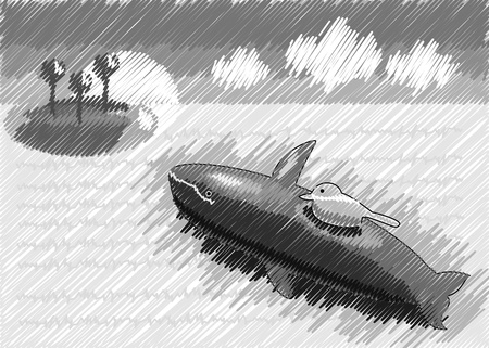 Whale helps for injured bird to reach the islandのイラスト素材