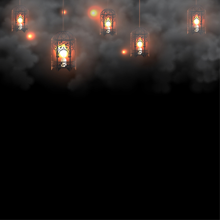 Ramadan lanterns with candles on dark backgroundのイラスト素材