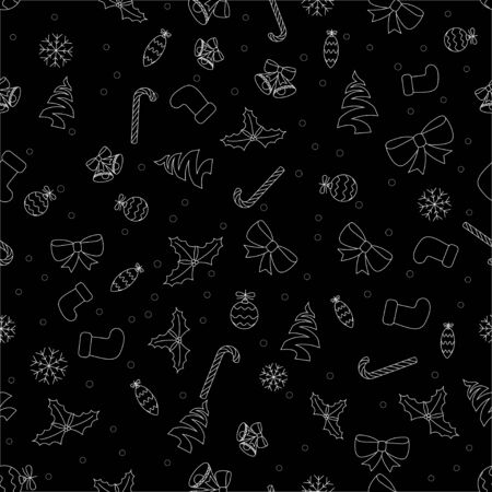 Seamless Flat Style Christmas Texture with Candies, baubles, holly beries, socks, bells and snowflakesのイラスト素材