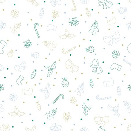 Seamless Flat Style Christmas Texture with Candies, baubles, holly beries, socks, bells and snowflakesのイラスト素材