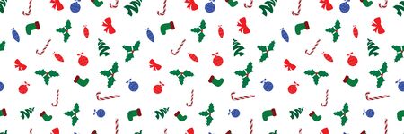 Seamless Flat Style Christmas Pattern with Candies, baubles, holly berries, socks, bells and snowflakesのイラスト素材