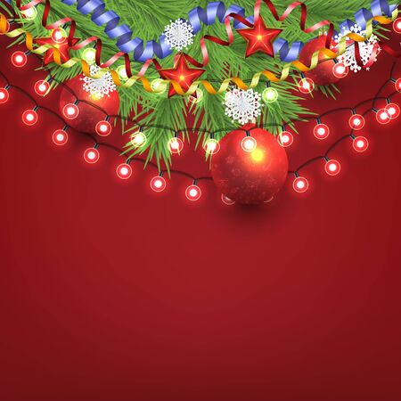Christmas Pine Tree and Serpentine Ribbons with Baubles and Light Bulbsのイラスト素材