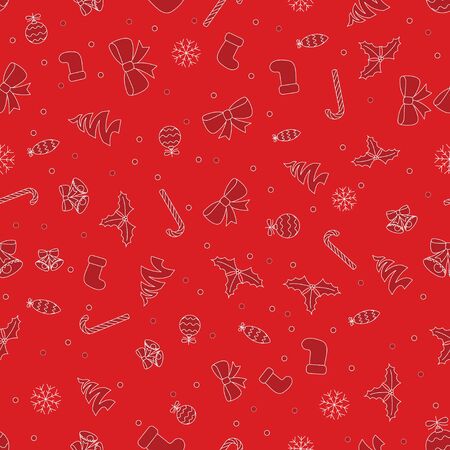 Seamless Flat Style Christmas Pattern with Candies, baubles, holly berries, socks, bells and snowflakesのイラスト素材