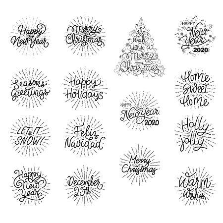 Festive Holiday Hand Lettered Text - Happy New Year and Christmas Typography Design Elementsのイラスト素材