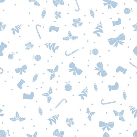 Seamless Flat Style Christmas Pattern with Candies, baubles, holly berries, socks, bells and snowflakesのイラスト素材
