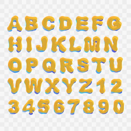 Blue and Orange Colored Upper Case Distorted Alphabet Letters and Numbers Collectionのイラスト素材