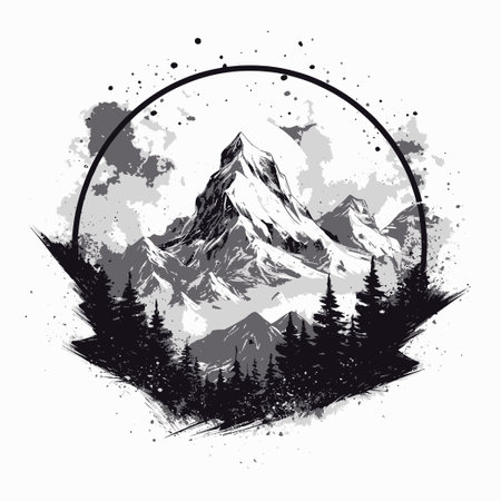 Mountains and forest in grunge style. Hand drawn vector illustration.のイラスト素材