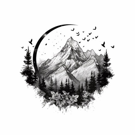 Mountain landscape with coniferous forest. Hand drawn illustration.のイラスト素材