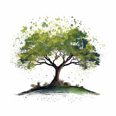 Tree with green leaves and grass on white background. Vector illustration.のイラスト素材