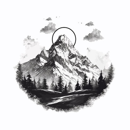 Mountain landscape. Hand drawn vector illustration. Monochrome.のイラスト素材