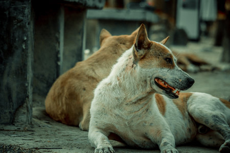 Brown Bangladeshi dogs are lying.の写真素材