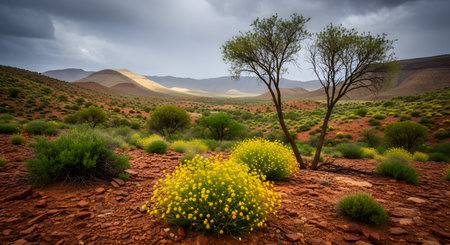 Dramatic stormy sky over desert landscape with yellow wildflowersの素材