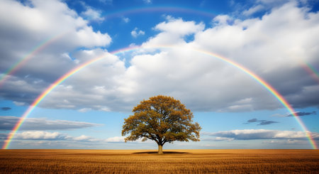 Autumn landscape with a lonely tree on a field and a rainbowの素材