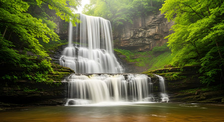 Waterfall in the forest with green leaves, natural landscape background.の素材