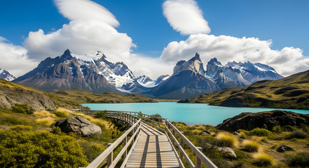 Wooden boardwalk leading to Torres del Paine National Park, Chileの素材