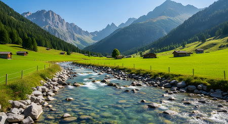 Panoramic view of alpine meadows and river in the Swiss Alpsの素材