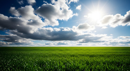 Green field under blue sky with white clouds and sun. Nature composition.の素材