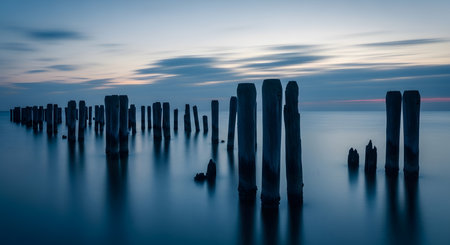 Wooden breakwaters in the sea at sunset. Long exposure.の素材