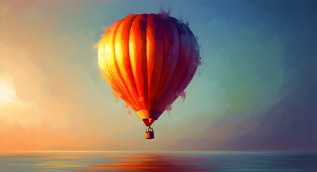 Hot air balloon flying over the sea at sunset. 3d illustrationの素材