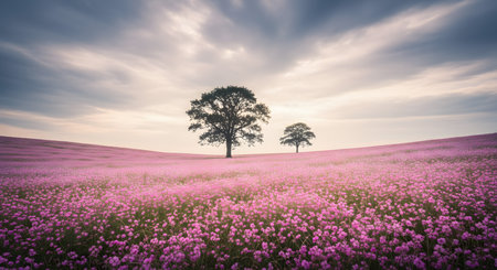Lonely tree in a purple field with pink flowers at sunsetの素材