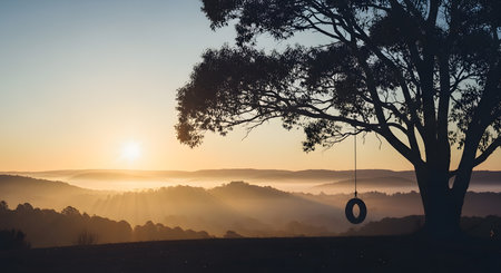 Silhouette of swing hanging on tree against misty morning landscapeの素材