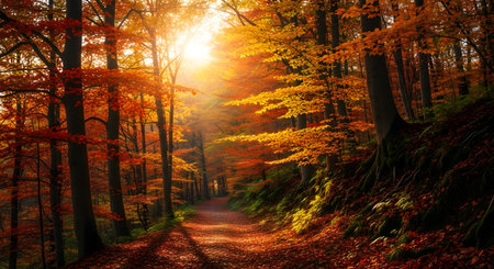 Pathway in the autumn forest. Beautiful nature scene with sunbeamsの素材