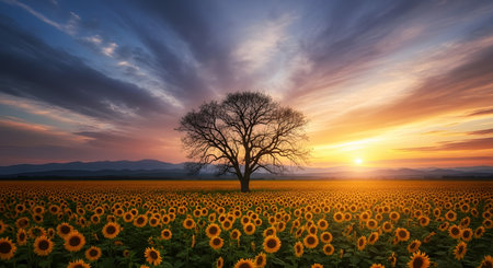 Sunflower field with sunflower and tree at sunset. Nature backgroundの素材