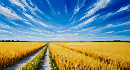 wheat field and blue sky with white clouds, panoramic viewの素材