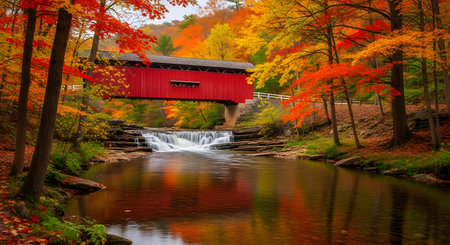 Red Covered Bridge in Autumn, New England, United States.の素材
