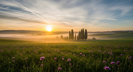 Tuscany landscape with cypresses and flowers at sunrise.の素材