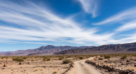 Dirt road in the middle of the desert with clouds in the blue skyの素材