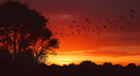 Sunset in the plains of South Africa with a flock of birds flyingの素材