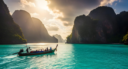Traditional thai longtail boat at Maya bay, Krabi, Thailandの素材