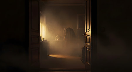 Mysterious dark room with a door and a window. 3d renderingの素材