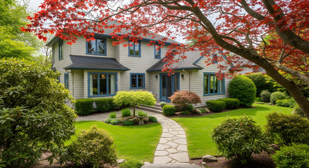 Beautiful house with green garden and red maple tree in the backgroundの素材