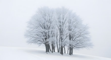 Trees covered with hoarfrost and snow in a winter landscapeの素材