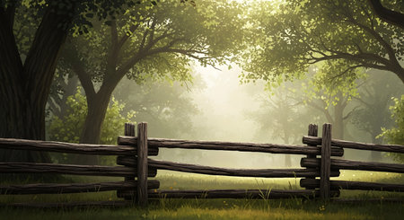 Fence in the misty forest with trees and grass. 3d renderの素材
