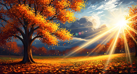 Autumn landscape with trees and rays of the sun. Vector illustrationの素材