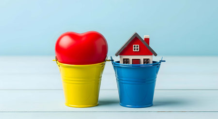 Miniature house and red heart in a bucket on blue background.の素材