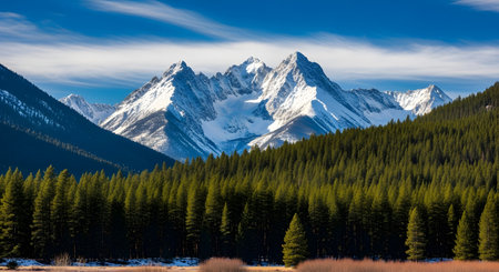 Mountain landscape with fir forest and snow-capped peaks.の素材