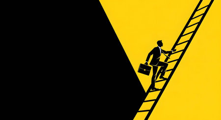 Silhouette of a businessman climbing up the ladder. Business conceptの素材