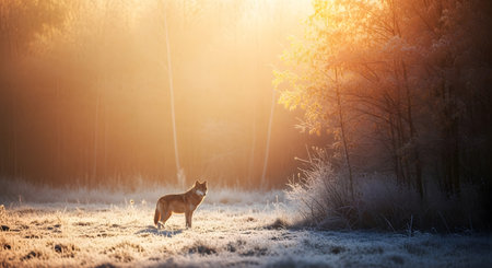 Red fox in frosty morning at sunrise. Beautiful winter landscape.の素材