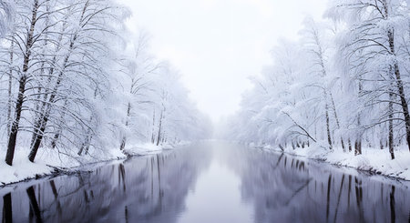 Beautiful winter landscape with snow-covered trees on the river bankの素材