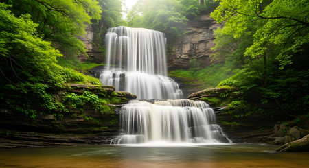 Beautiful waterfall in the green forest, springtime, long exposureの素材