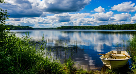 Boat on the shore of the lake. Summer landscape with a cloudy sky.の素材