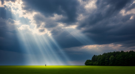 Conceptual image of green field under blue sky with sunbeamsの素材