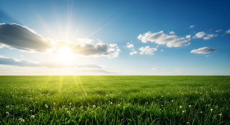 Green grass and blue sky with clouds. Nature background. Panorama.の素材