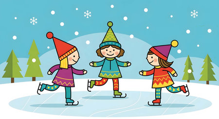 Children playing ice skating on the ice rink in winter, vector illustrationの素材